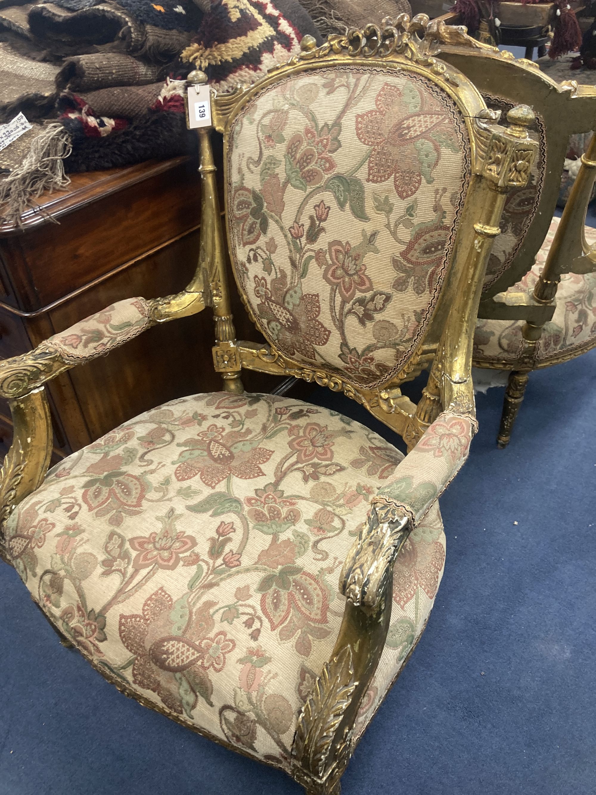 A pair of Louis XVI design giltwood and gesso open armchairs, width 66cm, depth 60cm, height 96cm